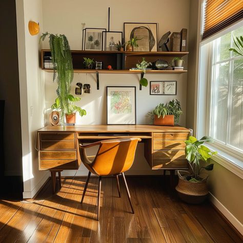 How a simple midcentury desk and shelf come together to make the perfect home office nook, inspiring creative thoughts and deep focus. #homedesign #homeoffice #homeofficeideas #desk #workathome #midcentury #scandinavian #HomeDecor #InteriorDesign #HomeIdeas #HomeStyle #InteriorInspo #HouseGoals #DecorInspiration #DecorTips #HomeInspiration #HomeDecorating Living Room With Workspace, Nordic Office Design Scandinavian Style, Small Living Room And Office Combo, Office Low Ceiling, Making Your House A Home, Modern Eclectic Office, Midcentury Office Design, Home Office With Piano, Midcentury Modern Home Office