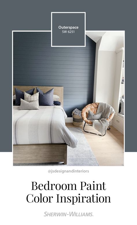 A calming space doesn't need to be boring. Bring a sense of serenity to your bedroom with a bold color like Outerspace SW 6251, shared by @jsdesignandinteriors (on Instagram). Tap to order free color chips. #sherwinwilliams #DIY #color #inspiration #colorinspiration #bedroom #boldbedroom #bedroompaint #bluebedroom #bluepaint Sw Niebla Azul Bedroom, Sw Outerspace Bedroom, Teen Paint Colors Bedroom, Bedroom Wall Trim Ideas, Teen Boys Bedroom Paint Colors, Outerspace Sherwin Williams, Sw Underseas, Boys Paint Colors Bedroom, Boy Room Paint Colors