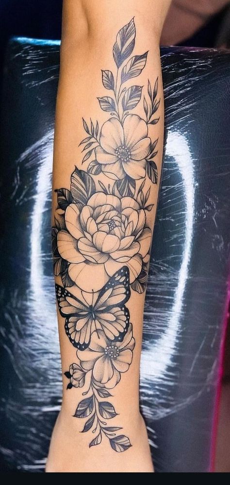 Tattoo Ideas Female Bestie, Full Upper Arm Tattoos For Women, Flower Tattoos For Women Hand, Unique Floral Sleeve Tattoo, Sleeve Of Flowers Tattoo, Forearm Tattoo Women Butterflies, Forearm Tattoo Women Flowers Butterflies, Arm Tattoos Butterflies And Flowers, Floral Tattoo On Forearm