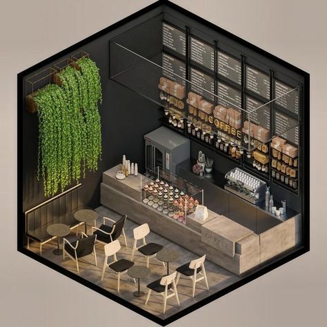 Bakery Corner Design, Small Corner Cafe Design, Business Cafe Design, Art Cafe Interior Coffee Shop, Isometric Cafe Interior, Coffeshop Interior Design Ideas, Coffe Stores Design, Coffe Interior Ideas, Interior Design Coffee Shop Modern