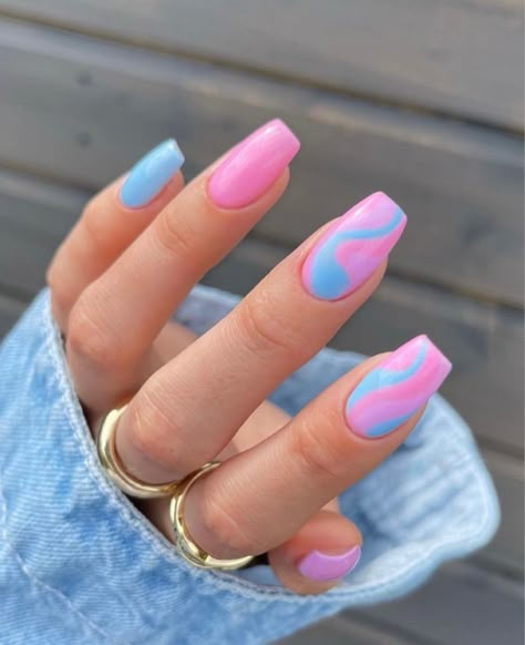 Summer Pink And Blue Nails, Barbie Inspired Nail Art, Barbie Blue Nails, Barbie Pink And Blue Nails, Pink And Blue Square Nails, Nails Inspiration Blue And Pink, Bright Blue And Pink Nails, Blue Barbie Nails, Light Blue And Light Pink Nails