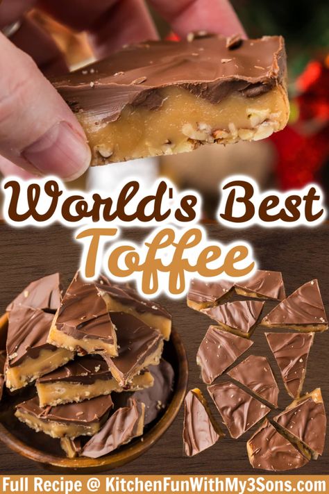 This is by far The Best Toffee Recipe that you'll ever come across, and for good reason! The rich chocolate and salty-sweet toffee are a match made in heaven. It’s a super easy recipe that makes a great holiday snack or gift. Toffee Chocolate Pecan Pie, How To Make Toffee Brittle, Enstrom Toffee Copycat Recipe, Best English Toffee Recipe, English Toffee Bars, Homemade Christmas Dessert Gifts, Best Toffee Recipe Ever, Microwave Toffee Recipe, Home Made Toffee