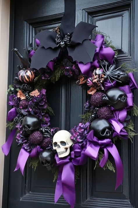 "Transform your door into a Halloween masterpiece with DIY Halloween Wreaths! 🧛‍♂️🎀 Ideal for welcoming guests with a frightful flair. 🌿✨ #SpookyWreaths #DIYHalloween #DoorDecor" Spooky Wreath Ideas, Boo Wreath Front Doors, Gothic Wreaths For Front Door, Purple And Black Halloween Decorations Diy, Gothic Wreath Diy, Easy Diy Halloween Wreath, Diy Halloween Door Decor, Modern Wreath Ideas, Diy Halloween Wreaths For Front Door