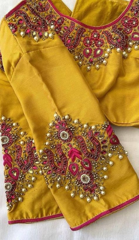 Blouse Design Without Aari Work, Kundan Stone Work Blouse Designs, Zardosi Work Blouse Weddings, Computer Work Blouse Designs Latest, Yellow Blouse Designs, Marriage Saree, Zardosi Blouse, Blouse Designs Aari Work, Wedding Blouses