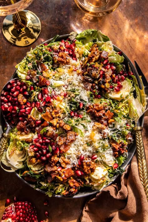 Shaved Brussel Sprout Salad, Shaved Brussel Sprouts, Half Baked Harvest Recipes, Holiday Salads, Spicy Salad, Pomegranate Salad, Shredded Brussel Sprouts, Lots Of Food, Bacon Salad