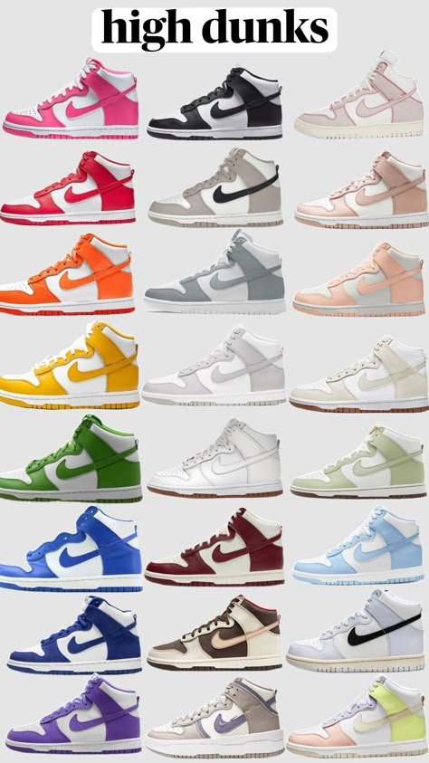 high nike dunks #nikedunks #nike #dunks #colors #high Nike Shoes Women Dunks High, Winter Nike Shoes, Dunk Nike Shoes, Dunks Shoes High Top, Nike Dunk High Women Outfit, Dunks Colors, Nike Dunks Aesthetic, Nike Dunks High Tops, High Nike Dunks