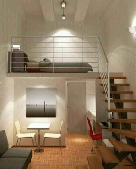 10 Ide Desain Inspiratif, Sulap Ruang Sempit Jadi Terlihat Luas | Dailysia Apartemen Studio, Tiny Loft, Mini Loft, Loft Stairs, Loft Furniture, Loft Stil, Small Loft, Stair Case, Loft Decor