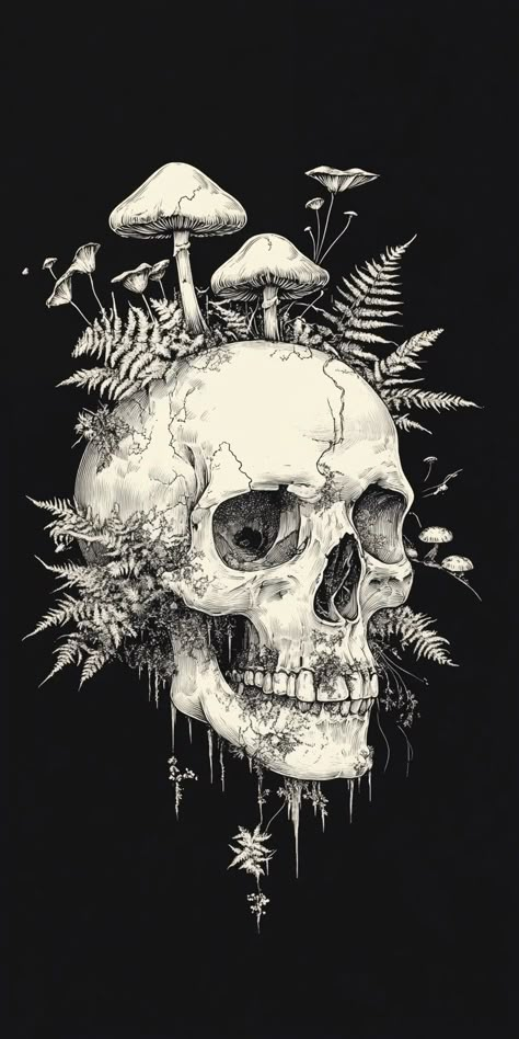 Skeleton And Mushrooms, Skull Mushroom Tattoo Design, Skulls And Mushrooms Tattoo, Skull With Ferns Tattoo, Ferns Tattoo, Skull And Mushroom Art, Skull Mushrooms Tattoo, Mushrooms Growing Out Of Skull Tattoo, Mushrooms Tattoo