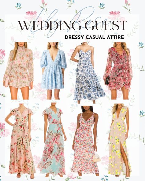 8 Ideal Dressy Casual Attire for a Wedding 2022! #weddingdress #casualdresses #casualwedding #springfashion #springlook #fashionblogger #casualoutfits #wedding Dressy Casual Outfits Wedding Guest, Dressy Casual Wedding Guest Attire, Dressy Casual Wedding Guest, Spring Wedding Guest Dress Casual, Spring Cocktail Maxi Dress, Dressy Style, Casual Wedding Attire For Guests, Beige Summer Floral Dress For Garden Party, Summer Wedding Guest Dress Casual, Casual Blue Floral Party Dress