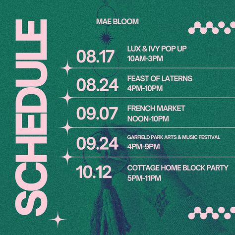 ✨ EVENT SCHEDULE ✨ What.A.Lineup. Big Events with Big Energy! I hope to see you at one, a few, or them all!! Free Admission to them all too!! ✨ 8/17 Pop up with our friends at Lux & Ivy @luxandivyshop Small Biz Pop Up with some of our Local Loves 🫶 8/24 Feast of Laterns @feastoflanterns Literally can’t wait to finally attend as a vendor and hope to see you all there!! 9/7 French Market at St. Joan of Arc @sjoaindy This is my first year attending as a vendor but we’ve been going to thi... Event Rundown Layout Design, Schedule Of Events Design, Event Inspiration Creative, Minimal Event Poster, Event Itinerary Design, Events Schedule Design, Event Graphic Design Inspiration, Event Schedule Design Layout, Graphic Design Event Poster