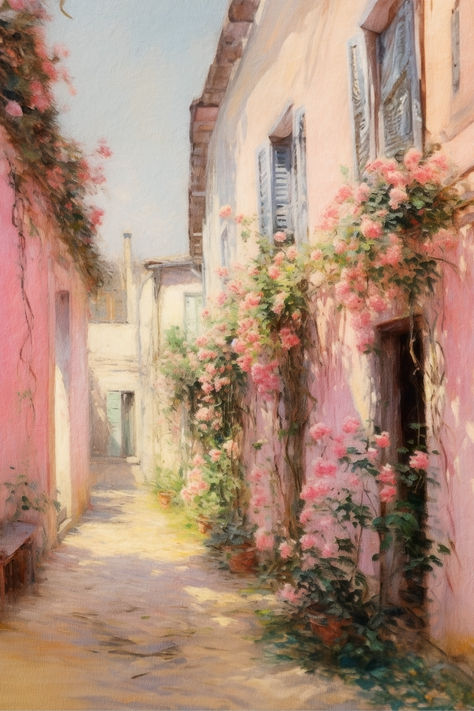 A vintage painting of a european alleyway with flowers growing up the sides of the walls. Vintage Pastel Aesthetic, Cute Flower Drawing, Artsy Aesthetic, French Paintings, Italy Wall Art, Flowers Growing, Pink Painting, European Paintings, Collage Background