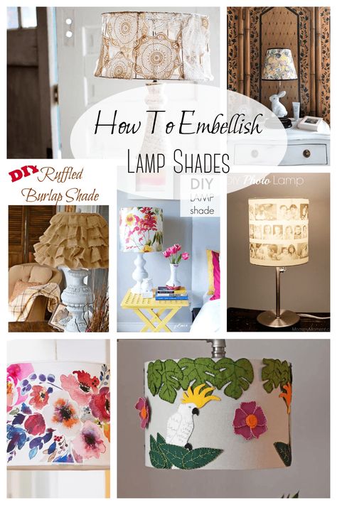 Have you ever wondered how to embellish lamp shades for your home? I’ve embellished lamp shades over the years, but for some reason I cannot find the photos of them to show you. Oh well, another time. Vintage linens were used to cover a lamp shade I had a long... Cottage Core Lamp Shade, Embroider Lamp Shade Diy, Reupholster Lamp Shade, Mod Podge Lamp Shade, How To Embroider A Lampshade, Update Lamp Shade Diy, How To Decorate A Lamp Shade Ideas, Fun Lamp Shade, Diy Round Lamp Shade