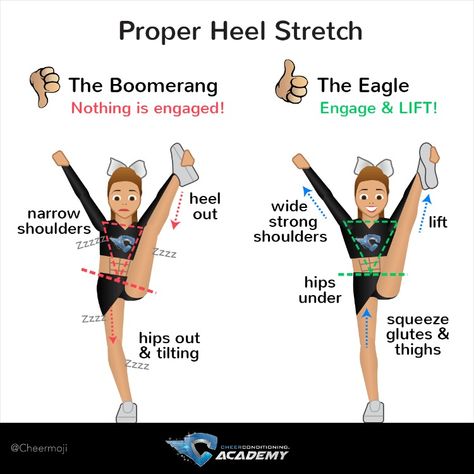 Cheerleaders: a boomerang is not a cheer shape! Work on the progression of your heel stretch with correct muscle engagement and technique to stay more stable in the air! #CheerTipTuesday #BodyBeforeSkill   #CheerTips #CheerTipTuesday #Cheerleading #Cheer #CheerStunts #CheerTeam #Cheerleaders Stretches For Heel Stretch, How To Do Heel Stretch, How To Get Heel Stretch, How To Do Cheer Stunts, How To Get Your Heel Stretch, Heel Stretch Cheerleading, Cheer Heel Stretch, Cheer Kicks, Heel Stretch Stretches