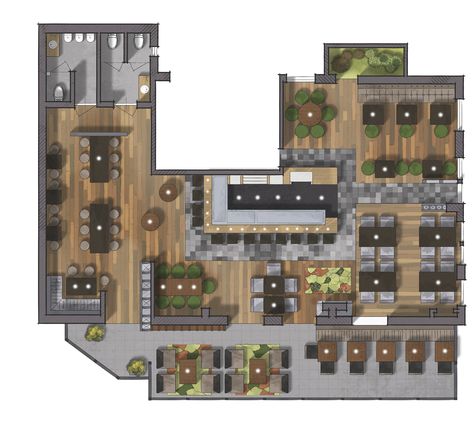 Color 2D Graphics Floor Plans. Starbucks Floor Plan Layout, Restraunt Floor Plan, Sims Restaurant Layout, 2d Restaurant Design, Sims 4 Restaurant Layout, Restaurant Layout Ideas, Restaurant Architecture Concept, Bar Layout Plan, Small Restaurant Design Layout