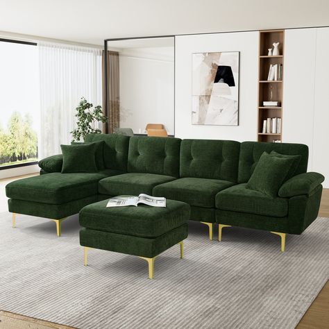 114" Convertible L-Shaped Sectional Sofa with Chaise Lounge, Ottoman and Pillows - Bed Bath & Beyond - 41022514 Green Sectional Sofa Living Room, Living Room Emerald Green, Emerald Green Sofa, Lounge Ottoman, Cozy Cushions, Green Sofa Living Room, U Shaped Couch, Pillows Bed, Modern Sleeper Sofa