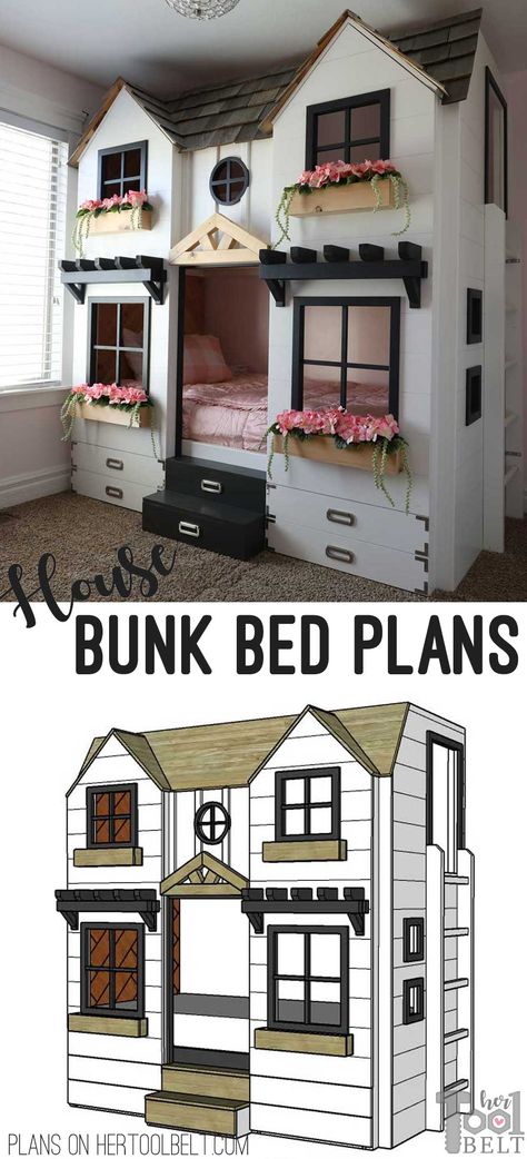 Build a super fun twin bunk bed that looks like a tiny house. Free plans on hertoolbelt.com Bunk Bed House Diy, Playhouse Bunk Beds Diy, Bunk Beds House, Fun Bunk Bed Ideas, House Bunk Beds For Kids, Bunk Bed Playhouse Diy, Bunk Bed House Ideas, Fun Kids Bunk Beds, Twin Girl Bedrooms Bunk Beds