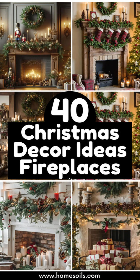 Elevate your holiday ambiance with 40 breathtaking Christmas fireplace décor ideas. Discover a range of styles, from classic elegance to modern charm, perfect for creating a warm and festive atmosphere. Transform your fireplace into the heart of your holiday celebrations with these inspiring designs. Mantle Decor Holiday, Christmas Fireplaces Decorated, Decorating Fireplace For Christmas Ideas, Fireplace Christmas Mantel Ideas, Christmas Fireplaces Ideas, European Christmas Decor Ideas, Christmas Decor Fireplace Ideas, Christmas Fireplace Decor Ideas Diy, Mantel Holiday Decorating Ideas