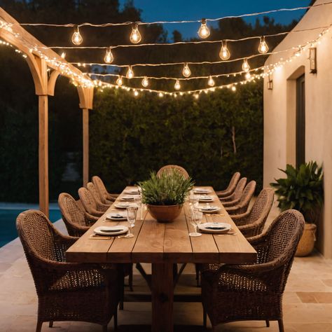 ⚠️LINK IN BIO⚠️ An inviting Mediterranean-inspired outdoor dining area with a long wooden table, wicker chairs, and string lights for a charming evening setting. #OutdoorDining #Mediterranean #WoodenTable #WickerChairs #StringLights Outside Dining Area Covered Patios, Outdoor Long Table Dinner, Outdoor Dining Lighting, Deck With Dining And Seating Area, Rustic Outdoor Dining Table, Outside Dining Area Ideas, Outdoor Dining Decorating Ideas, Backyard Dinner Table, Long Outdoor Dining Table