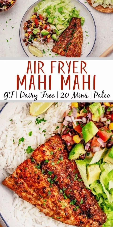 This simple air fryer Mahi Mahi is a must try. It's gluten free, dairy free, and is ready in 15 minutes. It's even keto and Whole30! The homemade seasoning uses a few staple ingredients and makes for a delicious mahi mahi in no time. Upgrade your air fryer and your fish game at the same time! #healthyrecipes #healthyfishrecipes #glutenfreerecipes #dairyfreerecipes #glutenfreedairyfreerecipes #fish Air Fryer Mahi Mahi, Mahi Recipes, Mahi Mahi Recipe, Mahi Mahi Recipes, Air Fryer Fish Recipes, Hearty Recipes, Homemade Seasoning, Fish Dinner Recipes, Lean And Green Meals