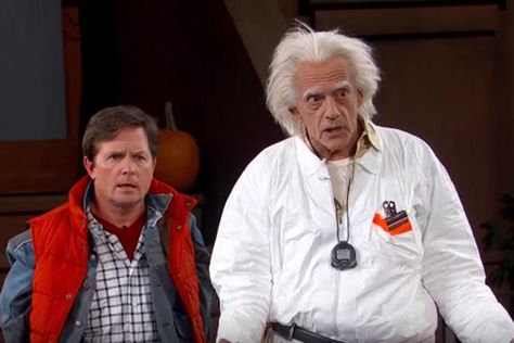 Marty McFly and Doc Brown head Back To The Future and crash land on Jimmy Kimmel's show | Celebrity News | Showbiz | London Evening Standard Marty Mcfly And Doc Brown Costume, Doc And Marty Mcfly Costume, Halloween Contest Ideas, Doc Brown Costume, Marty Mcfly Costume, Marty Mcfly And Doc Brown, White Laboratory, Keith Lemon, Lea Thompson