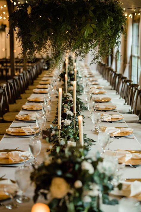 Banquet Table Wedding Centerpieces, Wedding Banquet Table Flowers, Scottish Wedding Ideas Decoration, Loki Wedding Theme, Wedding Banquet Table Decorations, Wedding Banquet Tables, Jade Wedding Theme, Banquet Tables Wedding, Forest Wedding Table Decor