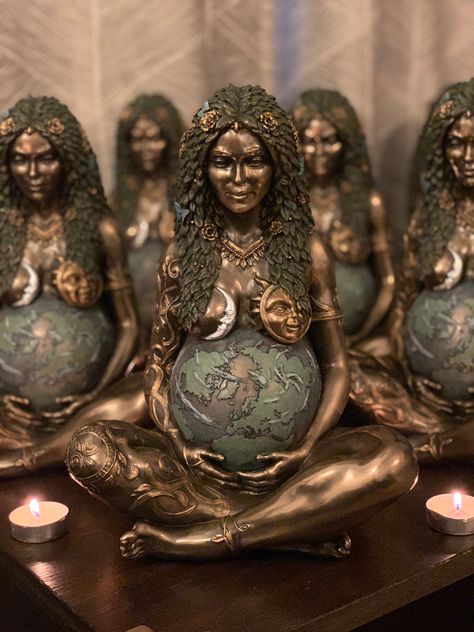 Witch Altar Ideas, Celestial Moon And Sun, Mother Earth Goddess, Mother Earth Art, Pagan Decor, Wiccan Decor, Garden Gnomes Statue, Witches Altar, Celtic Astrology