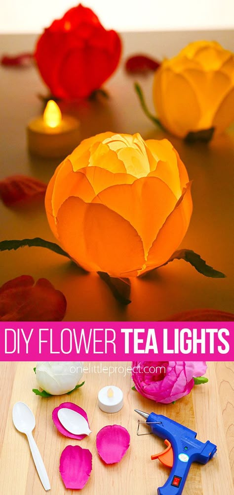 Flower Party Craft, Craft With Tea Lights, Floral Design Class Projects, Led Tea Light Crafts, Diy Craft Class Ideas, Fairy Lights Diy Ideas, Tea Light Decorating Ideas, Garden Party For Adults, Diy Paper Centerpieces