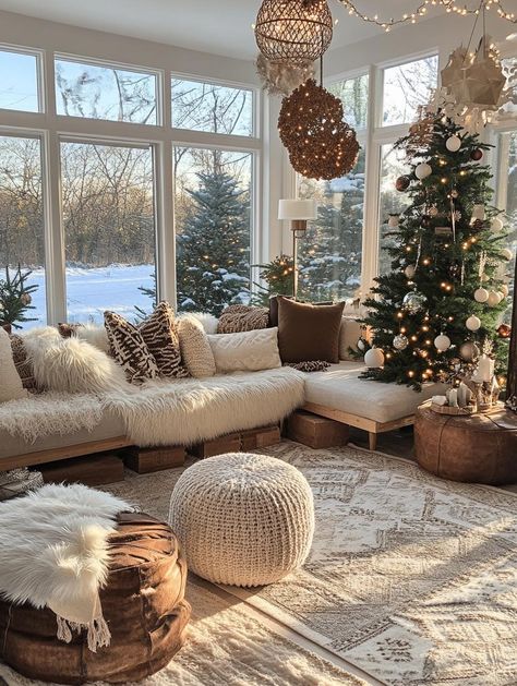 Embrace the free-spirited essence of boho Christmas decor this season. Find inspiration for 32 effortless hairstyles to match your holiday flair. Mix natural materials, global textiles, and vintage touches for a warm and inviting festive space. Our bohemian-inspired collection features macrame hangings, tassel ornaments, and eclectic accents that celebrate creativity and wanderlust. Natural Christmas Living Room, Natural Boho Christmas Decor, Christmas Boho Decor Ideas, Boho Christmas Bedroom Decor, Boho Christmas Tree Bohemian, Boho Christmas Tree Ideas, Boho Christmas Aesthetic, Boho Winter Decor, Boho Christmas Decor Ideas