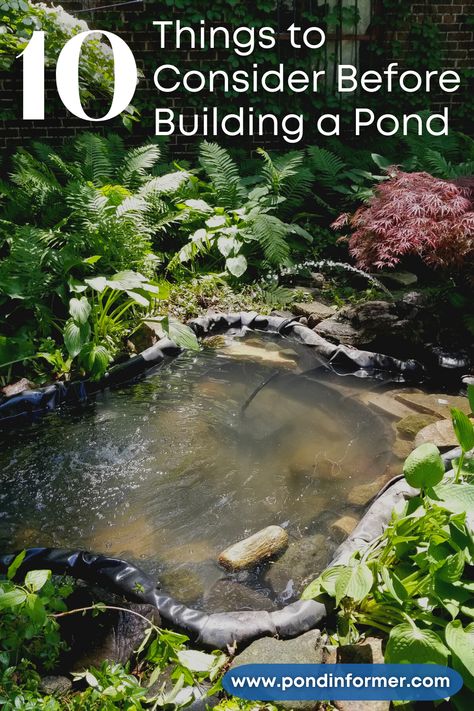 Guide to building a backyard pond, with 10 things to consider such as legal permits & regulations, location, and materials! Easy Backyard Pond, Stream Pond Ideas, Small Pond With Waterfall Ideas, How To Build A Pond Waterfall, Backyard Streams And Ponds, Diy Backyard Pond And Waterfalls, Home Pond Ideas Backyards, Building A Backyard Pond, Creating A Pond