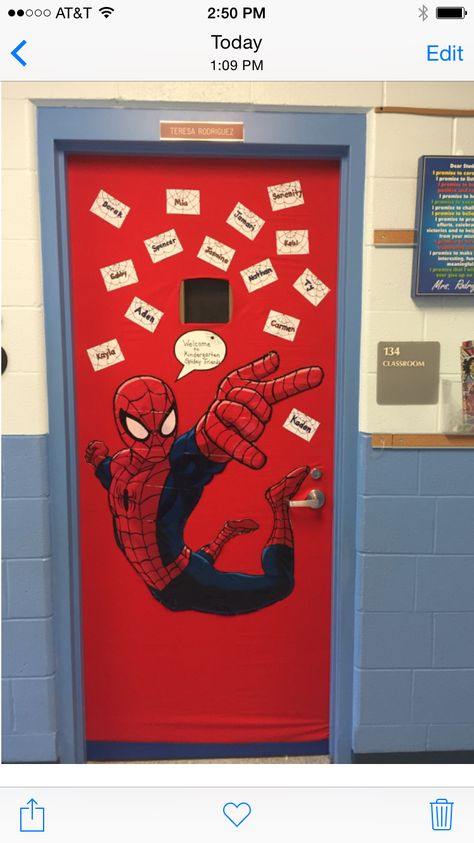 My Spiderman classroom door. Welcome to Kindergarten Spidey Friends. Spiderman Door Decorations Classroom, Spider Man Door Decorations, Spider Man Classroom Door, Avengers Classroom Door, Spiderman Door Decorations, Spiderman Classroom, Superhero Classroom Door Decorations, Kindergarten Classroom Door, Welcome Kindergarten