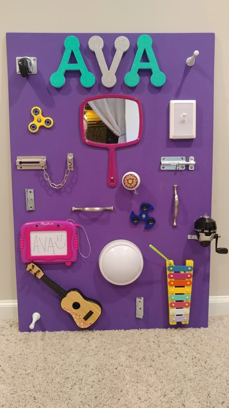 A little activity/sensory board I made for my nieces first birthday!   #diytoddlerboard #busyboard #diy #firstbirthdaypresent #1stbirthday #babygirlpresents #activityboard #babysensoryboard Sensory Busy Board Diy, Sensory Boards For Toddlers Diy, Busy Board Ideas Diy, Sensory Boards For Toddlers, Activity Boards For Toddlers, Sensory Room Ideas Schools, Sensory Board For Babies, Sensory Board Diy, Diy Activity Board