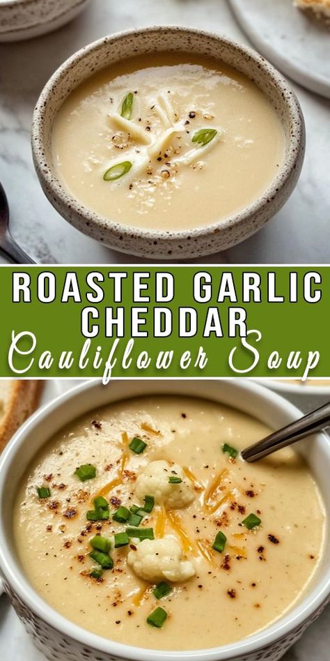 🍲 Cozy up with this Roasted Garlic Cheddar Cauliflower Soup! 🧄🧀 Packed with rich flavors, this creamy, low-carb soup is perfect for chilly nights. Easy to make and family-friendly! #ComfortFood #LowCarbSoup #HealthyRecipes 💚 Cauliflower Garlic Soup, Roasted Cauliflower Soup Recipes, Califlower Soup Recipes, Cheddar Cauliflower Soup, Creamed Cauliflower, Garlic Cauliflower Soup, Honey Cauliflower, Best Cauliflower Recipes, Soup With Cauliflower