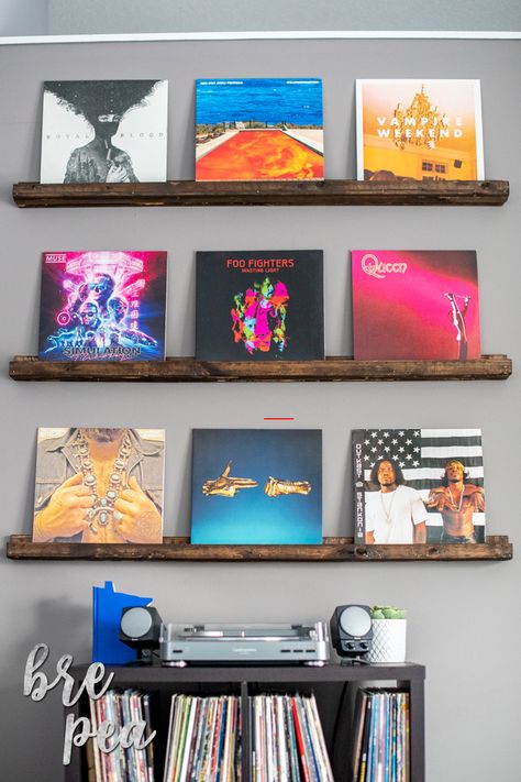 Vinyl Record Wall Shelves Hanging Records, Record On Wall, Diy Vinyl Record, Vinyl On Wall, Record Wall Display, Vinyl Record Room, Record Wall Decor, Record Display Shelf, Vinyl Record Shelf