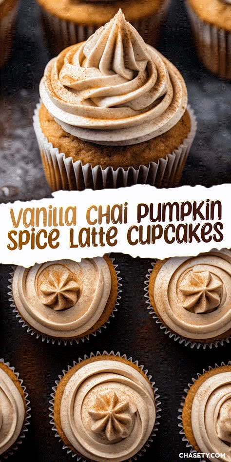 Vanilla Chai Pumpkin Latte Cupcakes - Chasety Vanilla Chai Pumpkin Cupcakes, Fall Recipes Baking Desserts, Fall Ideas Food, Chai Pumpkin Cupcakes, Fall Recipes Cupcakes, Fall Treats Baking, Vanilla Chai Pumpkin Latte Cupcakes, Pumpkin Chai Latte Cupcakes With Espresso Cream Cheese Frosting, Chai Cupcakes Recipe