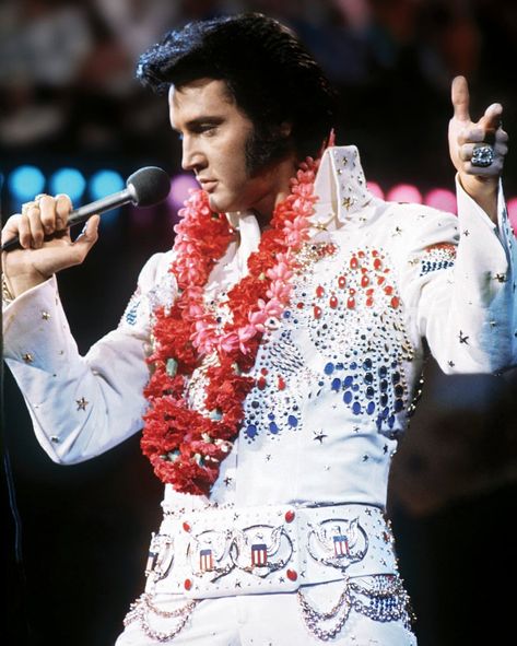 Fit for the king: Elvis Presley’s fashion legacy – in pictures | Fashion | The Guardian Elvis Presley Performing, Elvis Aloha From Hawaii, Elvis Presley Concerts, Elvis Jumpsuits, King Elvis Presley, Aloha From Hawaii, I Love Elvis, Elvis In Concert, Rock & Roll