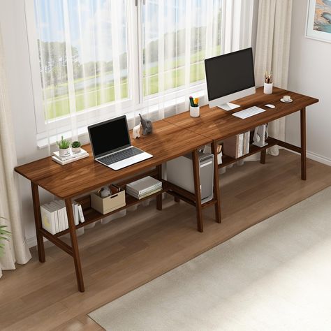 Small Space Double Desk, Extra Long Desk For Two, Home Office With Long Desk, Long Work Table, 2 People Desk, Home Office Table Design, Two Person Office Layout, Office Ideas For Two People, Two Desk Home Office