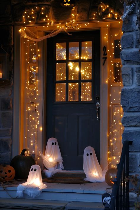 17 Easy DIY Halloween Centerpieces To Decorate Your Table Halloween Lights Aesthetic, Pumpkin Door Decor, Non Scary Halloween Decor, Porch Halloween Decorating Ideas, Outdoor Halloween Lights, Diy Halloween Door Decorations, Porche Halloween, Halloween Centerpieces, Halloween Diy Door