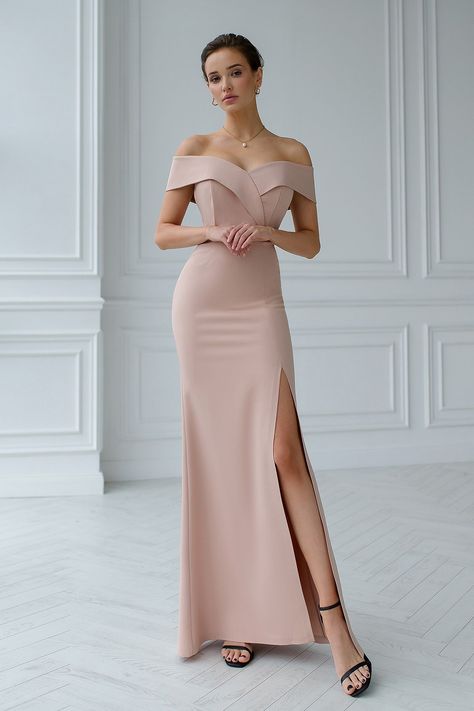 Bask in the elegance of our Beige Off-The-Shoulder Maxi Dress. The off-the-shoulder neckline adds a touch of allure, while the maxi length exudes timeless sophistication. Step into the spotlight with radiant grace. #maxidress #beigedress #offtheshoulder #eveningdress #promdress #womenfashion #stylish Beige Formal Dresses, Dress Classy Elegant, White Cropped Jacket, Cropped Black Jacket, Bm Dresses, Purse Outfit, Backless Midi Dress, Strappy Maxi Dress, Dresses Classy