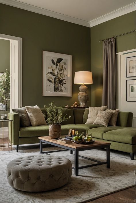 Get ready to be inspired by the timeless elegance of Ripe Olive (SW 6209) as we bring you the ultimate interior designer routine for 2024. #Ad #homedecor #homedesign #wallpaints2024 #Painthome #interiorarchitecture Wall Colors Green Living Room Colors Bright Living Room Colors Apartment Renovation Living room Remodeling Modern Paint Colors 2024 Olive Couch Living Room Decor, Paint Colors For Olive Green Couch, Sage Green And Gold Living Room Ideas, Olive Green Walls Living Room Decor, Green Wall White Furniture, Olive Green Interior Paint, Olive Green House Interior, Living Room Wall Color Green, Green Statement Wall Living Rooms