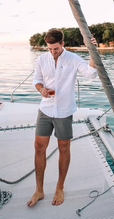 Grey shorts white shirt for yacht party Men’s White Shirt Outfit, Shorts And Shirts For Men, Summer Look For Men, Yachting Outfits Men, Mens White Shorts Outfit, Men Looks Summer, Mens Yacht Outfit, Men Summer Holiday Outfit, Summer Holiday Fits Men