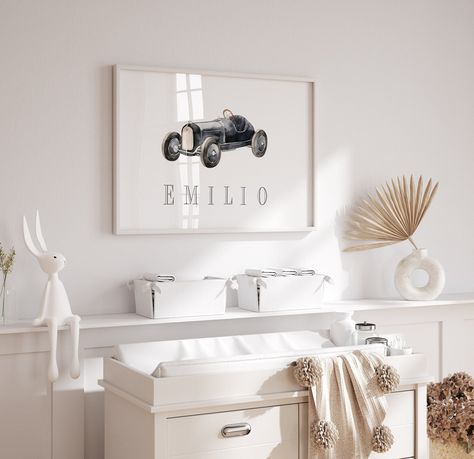 Baby Boy Nursery Car Theme, Vintage Race Car Nursery, Classic Car Themed Nursery, Vintage Car Nursery Baby Boy, Boy Nursery Cars, Car Nursery Wall Art, Light Boy Nursery With Car Art, Vintage Car Nursery, Car Nursery