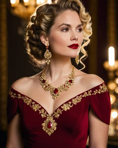 A woman in a deep red dress with gold floral embroidery, viewed from the waist up, looking slightly left. She has a loose, curly updo, wears red gemstone earrings, a gold necklace, and bold red lipstick. #AI #AIArt #AIPhotography #GenerativeAI #RedCarpetGlam #ElegantPortrait #FashionPortraiture #RedAndGold #EveningGown #ClassicBeauty #StyleIcon #GlamourShot #LuxuryFashion #TimelessElegance Loose Curly Updo, Deep Red Dress, Curly Updo, Glamour Shots, Red Gemstones, National Day, Red Lipstick, Wearing Red, Gold Floral