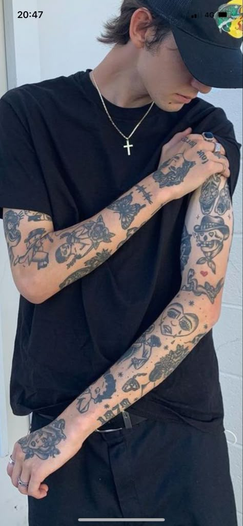 Grungy Tattoos For Men, Scattered Sleeve Tattoo For Men, Chest Patchwork Tattoo Men, Upper Arm Patchwork Tattoo, Tattoo Sleeve Ideas Unique, Patchwork Sleeve Men, Patch Tattoo Men, Patchwork Sleeve Tattoo Men, Small Tattoos Sleeve