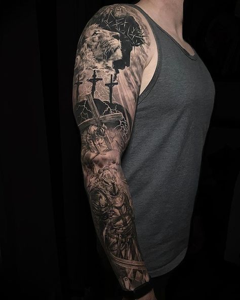 Christian Full Sleeve Tattoo Men, Cross Half Sleeve Tattoo Men, Christian Half Sleeve Tattoo, Christian Warrior Tattoos For Men, Jesus Sleeve Tattoo Men, Christian Leg Sleeve Tattoos, Christian Tattoo Sleeve Ideas For Men, Holy Tattoos For Men, Christian Shoulder Tattoo