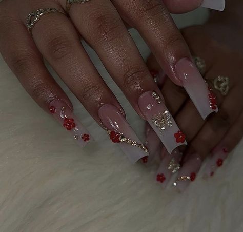 Red Quince Nails, Prom 2k24, Quince Nails, Quinceanera Nails, Latest Nail Designs, Quinceanera Ideas, Red Acrylic Nails, Long Acrylic Nail Designs, Diy Acrylic Nails