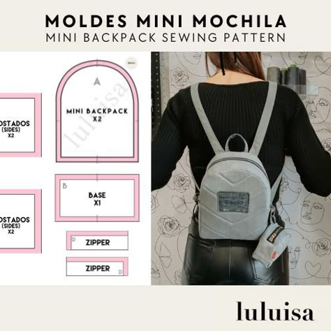 LuLuisa Mini Backpack Diy Free Pattern, Mini Backpack Pattern Free, Mini Backpack Diy, Mini Backpack Pattern, Small Backpack Pattern, Mini Bag Pattern, Sewing Patterns Free Bag, Backpack Sewing Pattern, Backpack Patterns