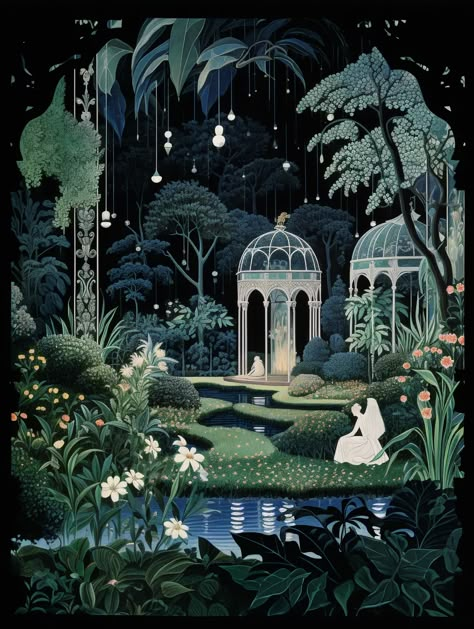 Image Fairytale Forest Illustration, Dark Fairy Illustration, Magical Forest Illustration, Fairytale Art Illustration, Dark Fairytale Art, Nighttime Garden, Dark Fairytale Aesthetic, Shimmering Water, Fairytale Forest