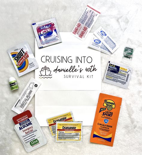 "Sea sick? No Problem. Unexpected allergy? Got you covered. Headed out for a cruise vacation without this kit is just silly! these survival kits are perfect for your next party, bachelorette, wedding, girls trip... filled with all cruise essentials! (especially if they were accidentally forgotten) +These fully loaded (if you choose) party favor/bachelorette prep kits arrive already assembled so less work for you!! All of the included items are a necessity for getting through those bachelorette/b Girls Trip Survival Kit, Cruise Goodie Bags, Cruise Survival Kit, Oh Ship Kit, Beach Survival Kit, Cruise Goodie Bags Gift Ideas, 30th Birthday Cruise Ideas, Cruise Survival Kit Gift Ideas, Cruise Gift Bag Ideas Party Favors