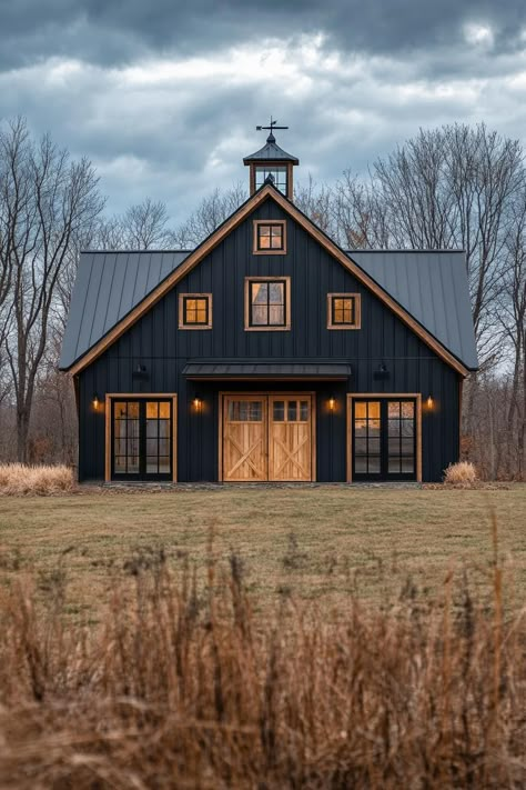 40 Amazing Converted Barn Homes That Once Were Old Barns Building Home Inspiration, Black Barndo With Wood Trim, Barndo Farmhouse Plans, The Barndo Co, Barndimonium House Rustic, Farm Ranch House Exterior, House Gables Exterior, Home Additions Side Of House, Black House Copper Roof