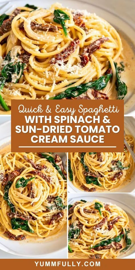 Need a quick but utterly delicious pasta fix? This 20-minute Spaghetti with Spinach & Sun-Dried Tomato Cream Sauce is it! It’s a one-pan masterpiece that is both simple and sophisticated. This could easily be a date night dinner or something you serve to pamper family and friends! Recipes With Spaghetti Noodles, Light Pasta Sauce, Spinach Cream Sauce, Spaghetti With Spinach, Sundried Tomato Pasta, Sun Dried Tomato Sauce, Cream Sauce Pasta, Light Pasta, Tomato Cream Sauce